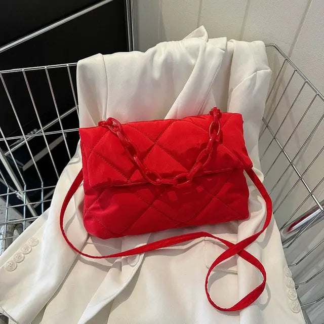 Plush Cotton Padded Womans Chain Crossbody Winter Quilted Womans Handbag