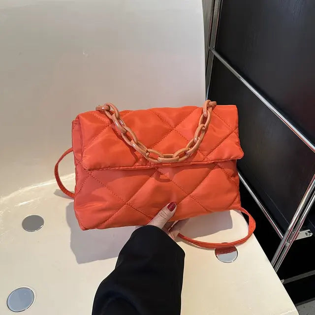 Plush Cotton Padded Womans Chain Crossbody Winter Quilted Womans Handbag