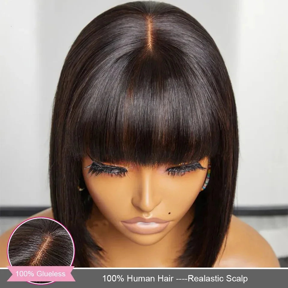 Natural Bob Wig With Bangs Glueless 3x1 Middle Part Short Straight Ready To Go Human Hair Wig