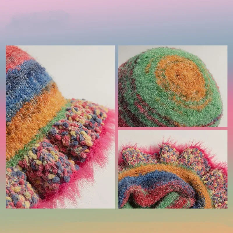 Ruffle Wollen Knitted Rainbow Hat Fisherman Warm Trending Cap