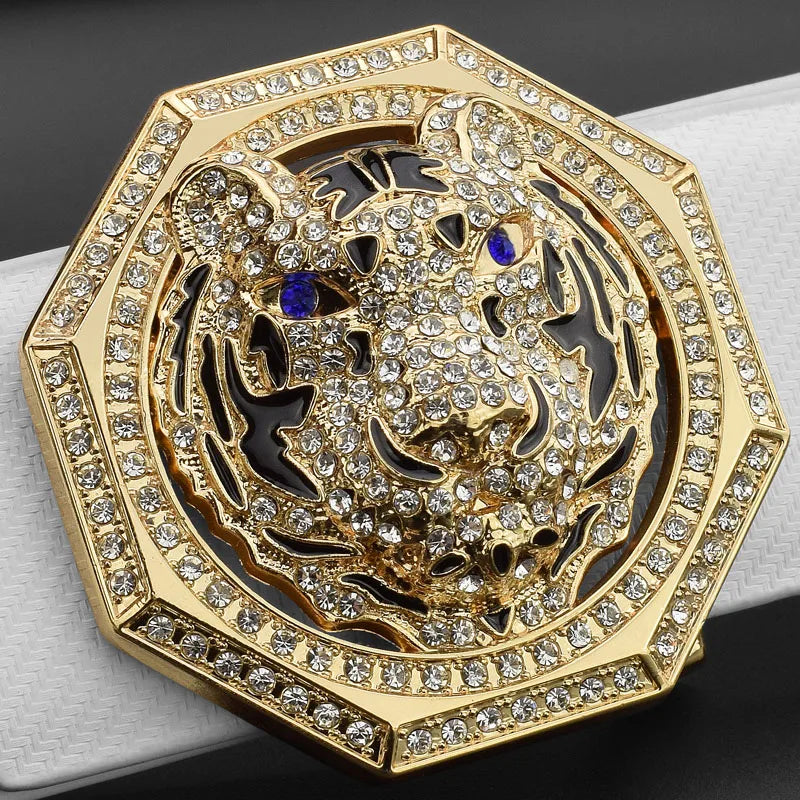 Mens Luxury Tiger Pendant Leather Waist Strap Belt Wide High Quality Golden Buckle Waistband