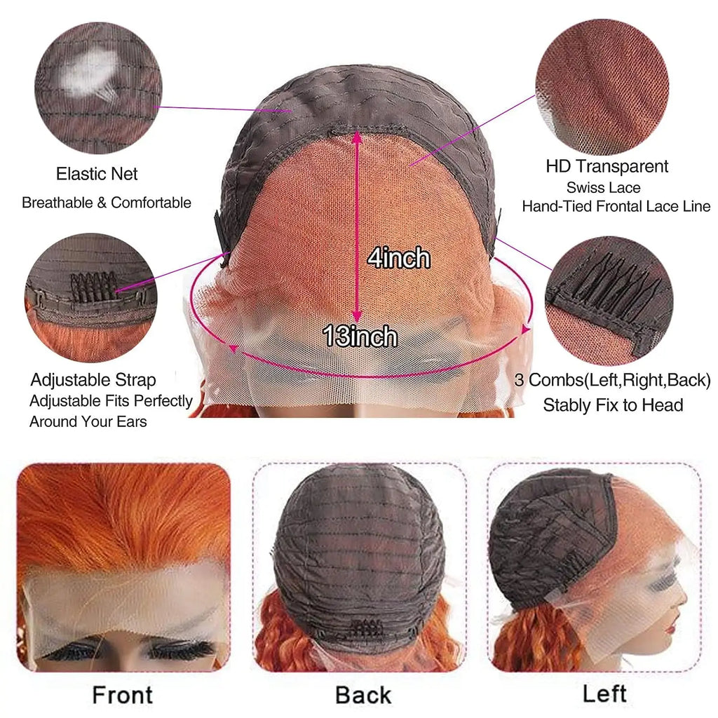 Ginger Orange Deep Wave Loose Curly Human Hair Orange Brazilian Wig 180% 200% Density Lace Front Wig