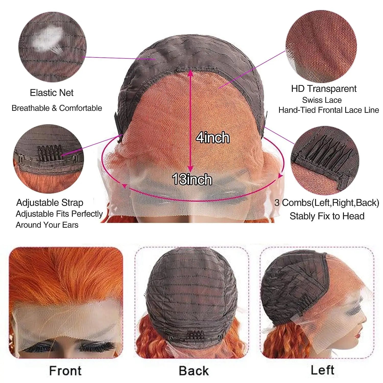 Ginger Orange Deep Wave Loose Curly Human Hair Orange Brazilian Wig 180% 200% Density Lace Front Wig