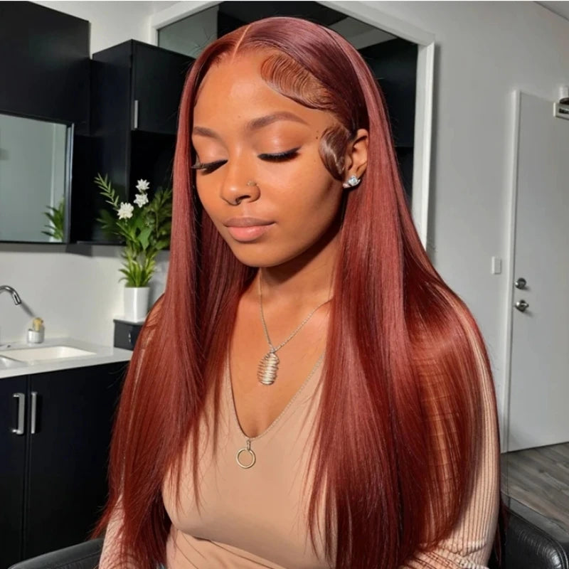 Reddish Brown Straight Human Hair Wig 13x4 13x6 Glueless HD Lace Frontal Colored Wig