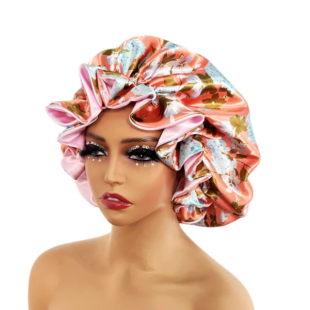 Womens Satin Ruffle Pattern Natural Hair Sleeping Night Cap Double Layer Bonnet