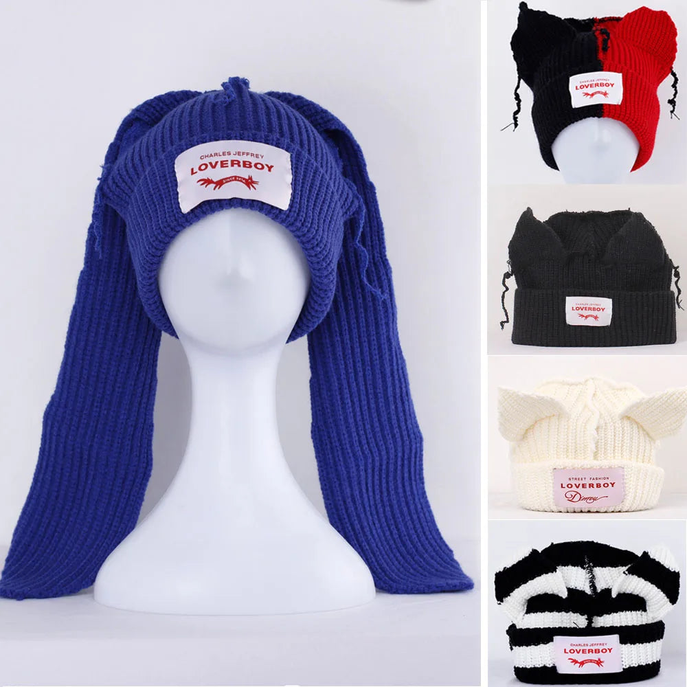Lover Cat Ear Knitted Beanie Hat Y2K Skull Trending Bunny Ears Kpop Warm Fashion Cap