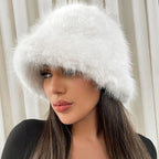 Faux Plush Y2K Luxury Fluffy Fur Bucket Hat Rabbit Fur Warm Panama Fishermans Winter Headwear