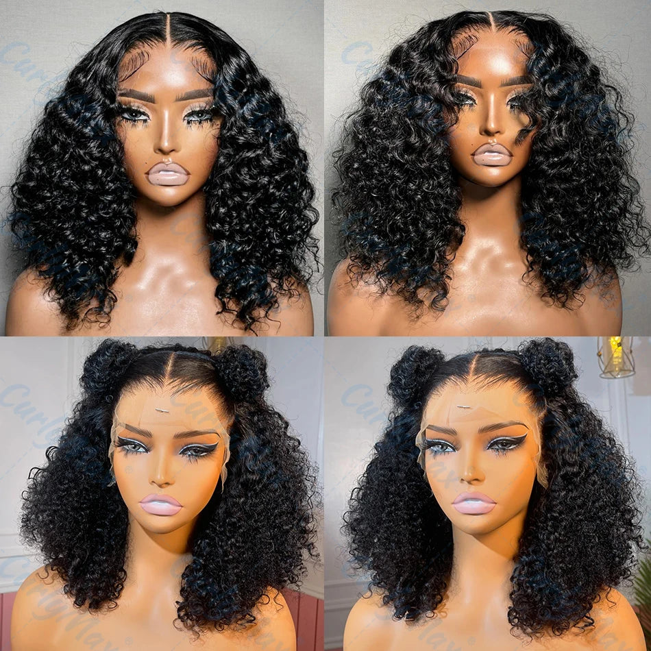 Deep Wave Natural Short Bob 13x4 180% Density Human Black Hair Lace Front Curly Wig Unit