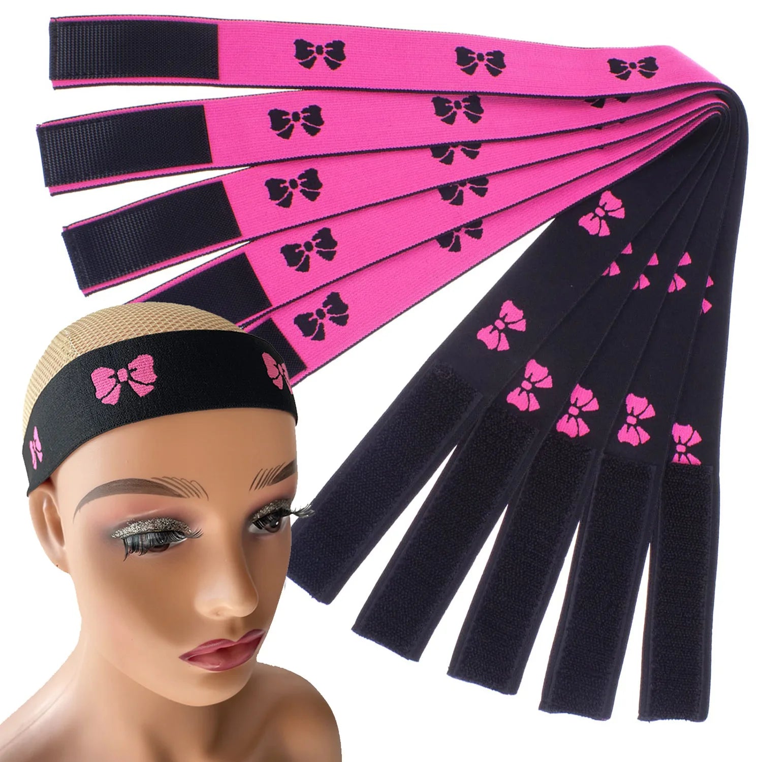 Reversible Adjustable Lace Band Wig Melt Band 1 Pcs 4Pcs Pink/Black Elastic Bow Tie Double Sided Hair Tie