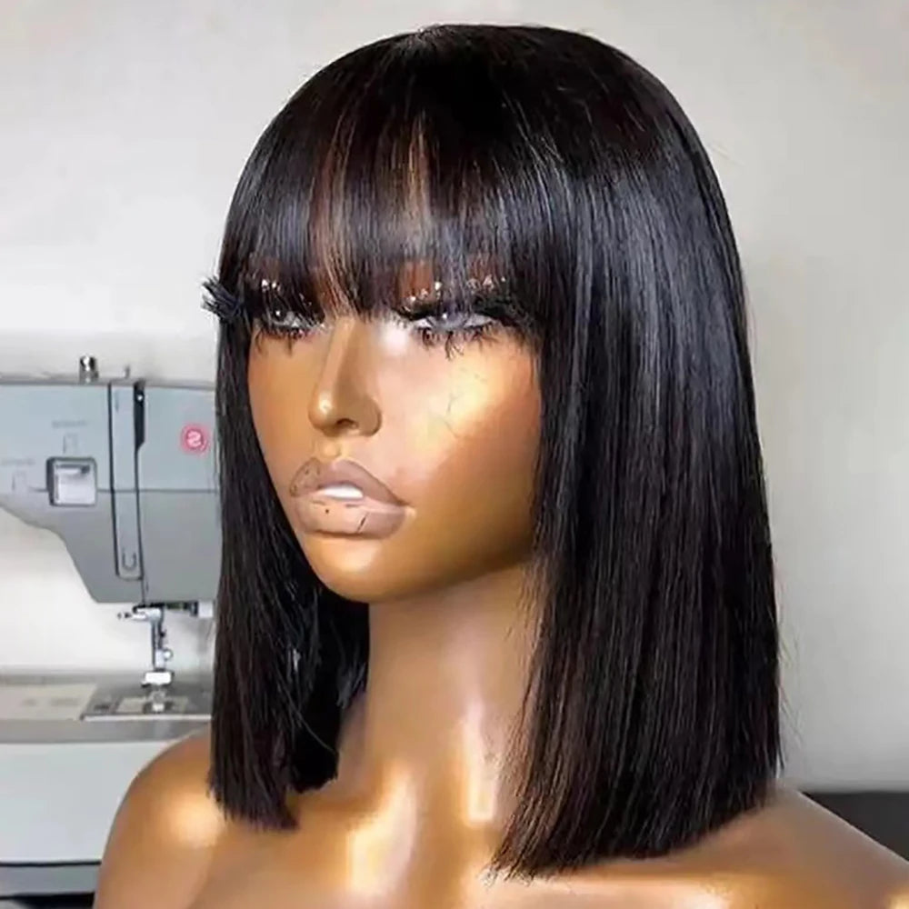 Natural Bob Wig With Bangs Glueless 3x1 Middle Part Short Straight Ready To Go Human Hair Wig