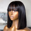 Natural Bob Wig With Bangs Glueless 3x1 Middle Part Short Straight Ready To Go Human Hair Wig