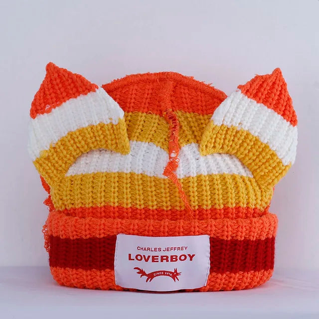 Lover Cat Ear Knitted Beanie Hat Y2K Skull Trending Bunny Ears Kpop Warm Fashion Cap