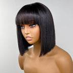 Natural Bob Wig With Bangs Glueless 3x1 Middle Part Short Straight Ready To Go Human Hair Wig