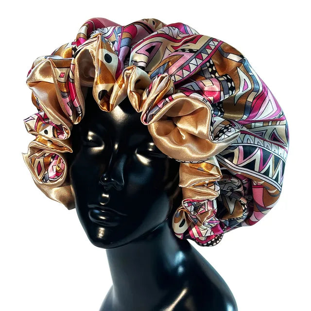 Womens Satin Ruffle Pattern Natural Hair Sleeping Night Cap Double Layer Bonnet