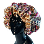 Womens Satin Ruffle Pattern Natural Hair Sleeping Night Cap Double Layer Bonnet