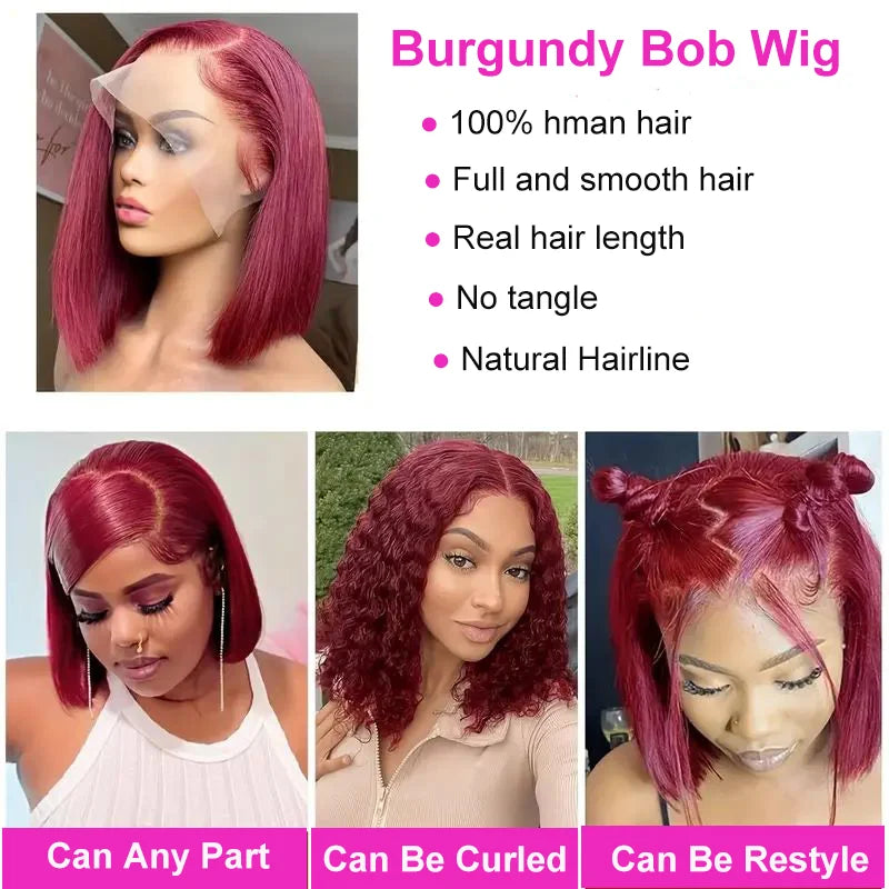 Burgundy Red Straight Short Bob Human Hair 99J 13x4 4x4 Glueless Wig