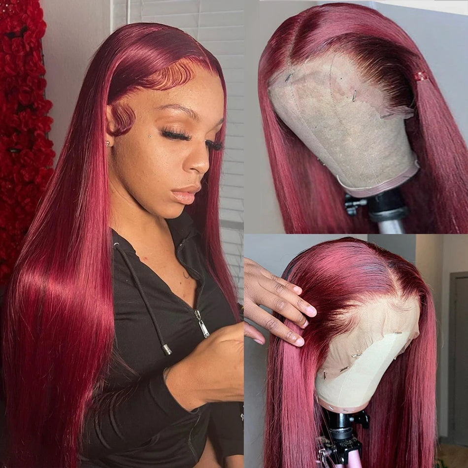 Burgundy 99j Colored Straight HD Transparent Human Hair 180% 200% Density Wig