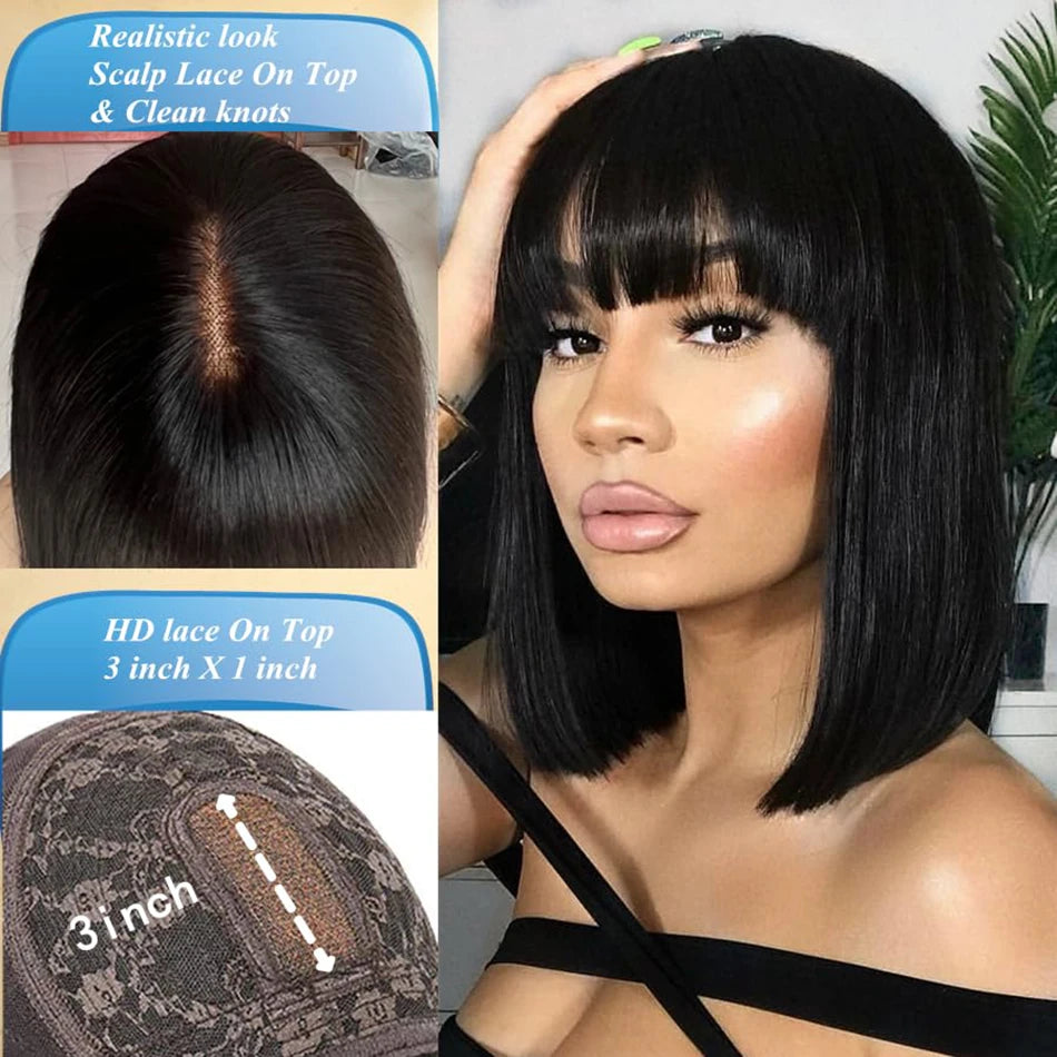 Natural Bob Wig With Bangs Glueless 3x1 Middle Part Short Straight Ready To Go Human Hair Wig