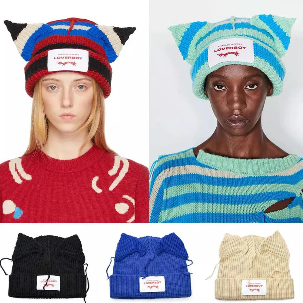 Lover Cat Ear Knitted Beanie Hat Y2K Skull Trending Bunny Ears Kpop Warm Fashion Cap