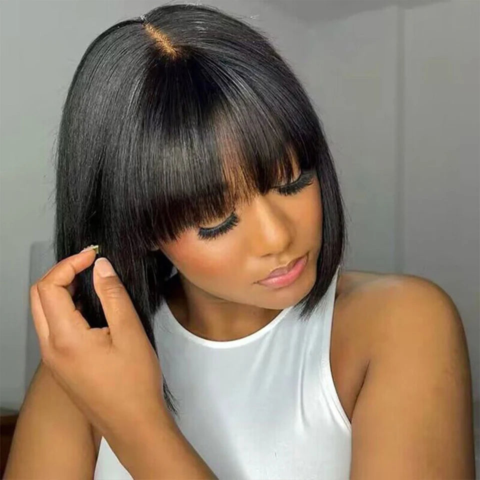 Natural Bob Wig With Bangs Glueless 3x1 Middle Part Short Straight Ready To Go Human Hair Wig