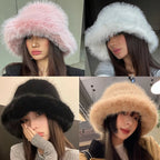 Faux Plush Y2K Luxury Fluffy Fur Bucket Hat Rabbit Fur Warm Panama Fishermans Winter Headwear