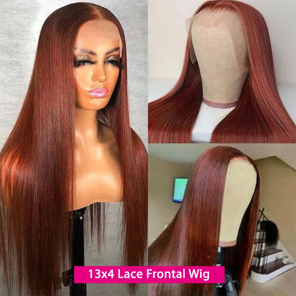 Reddish Brown Straight Human Hair Wig 13x4 13x6 Glueless HD Lace Frontal Colored Wig