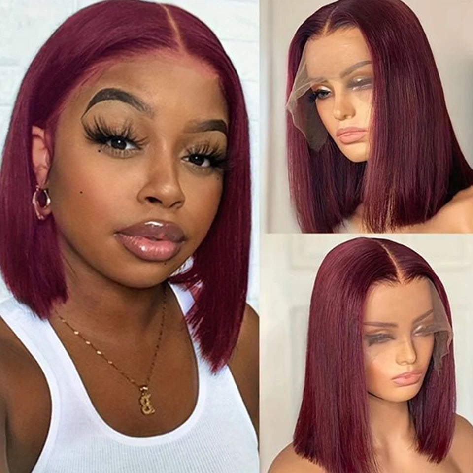 Burgundy Red Straight Short Bob Human Hair 99J 13x4 4x4 Glueless Wig
