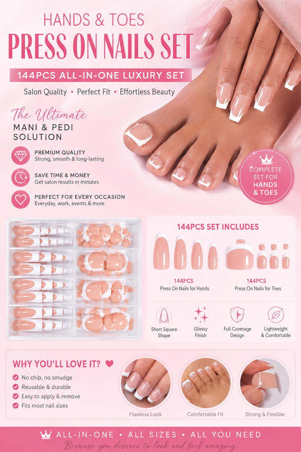 144 Pcs Set French Tip Press On Nails + Toenails DIY High Quality Set (144PCS) | Salon Look in Minutes