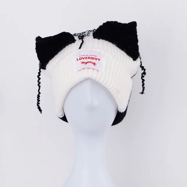 Lover Cat Ear Knitted Beanie Hat Y2K Skull Trending Bunny Ears Kpop Warm Fashion Cap