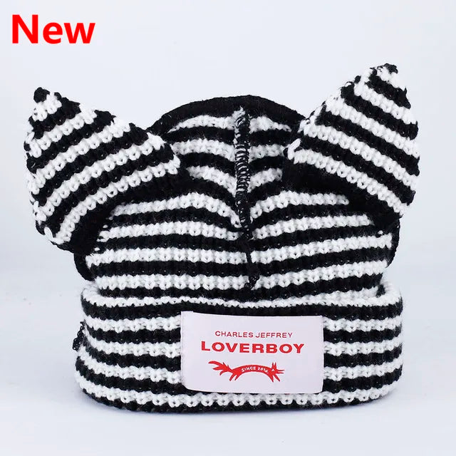 Lover Cat Ear Knitted Beanie Hat Y2K Skull Trending Bunny Ears Kpop Warm Fashion Cap