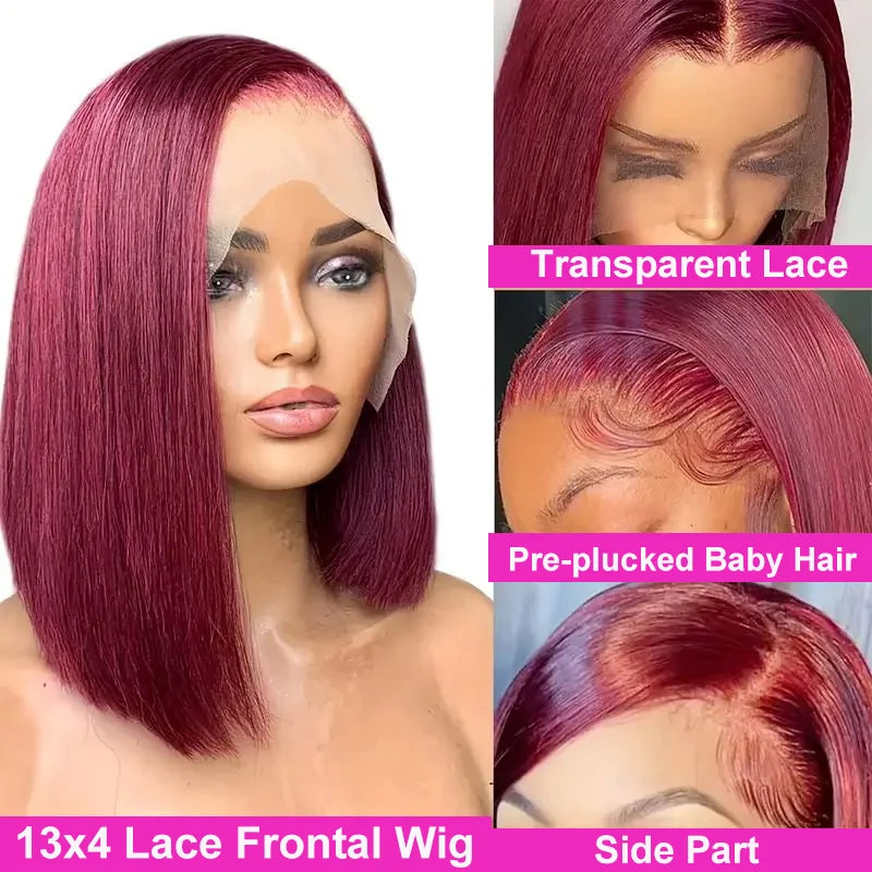 Burgundy Red Straight Short Bob Human Hair 99J 13x4 4x4 Glueless Wig