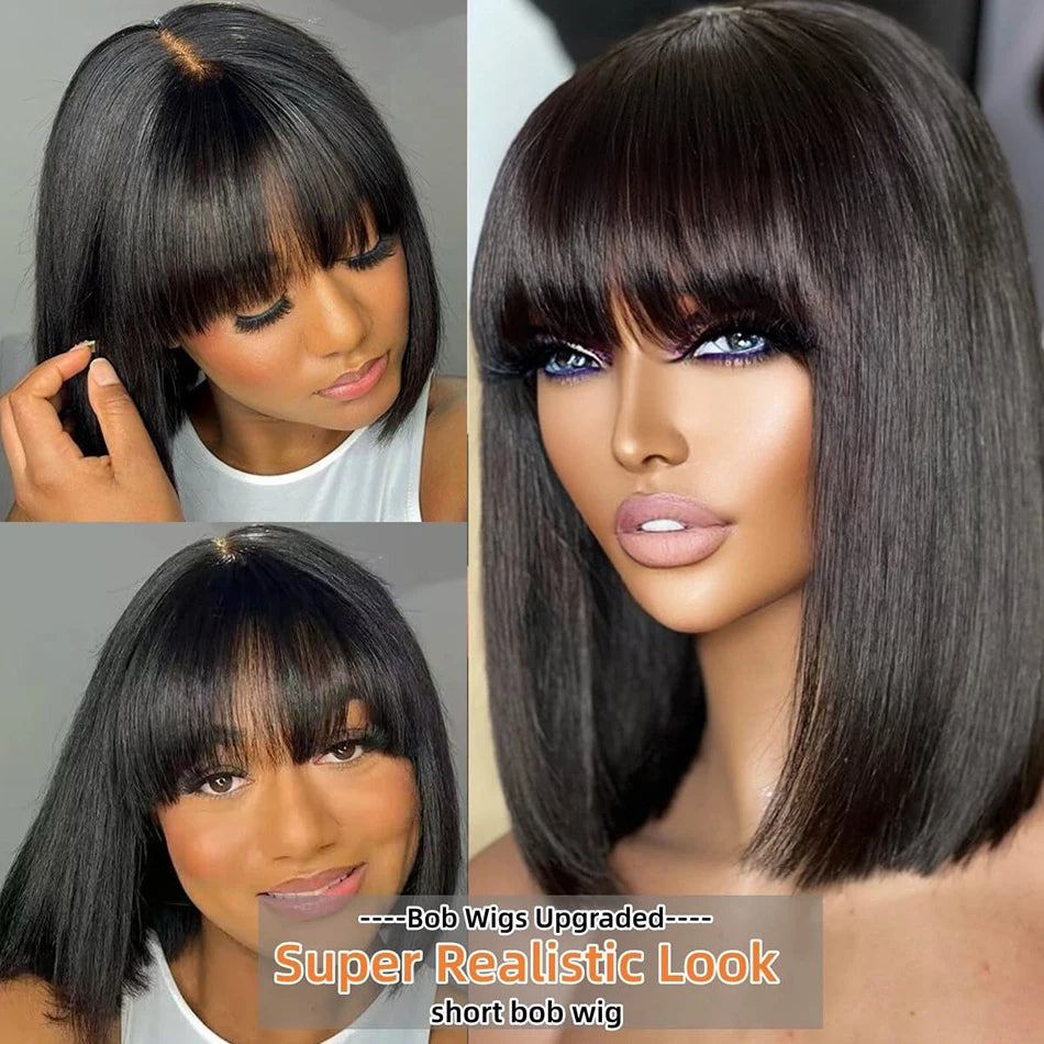 Natural Bob Wig With Bangs Glueless 3x1 Middle Part Short Straight Ready To Go Human Hair Wig