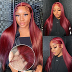 Burgundy 99j Colored Straight HD Transparent Human Hair 180% 200% Density Wig