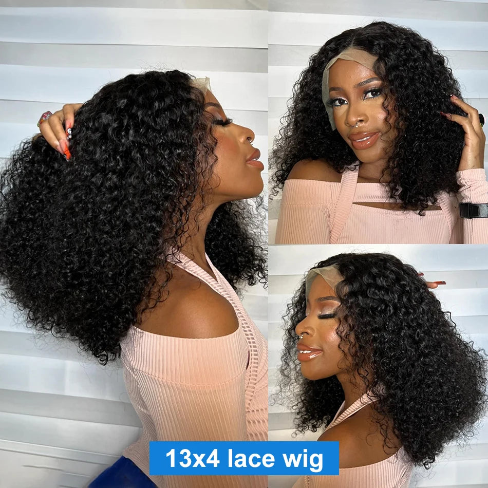 Deep Wave Natural Short Bob 13x4 180% Density Human Black Hair Lace Front Curly Wig Unit