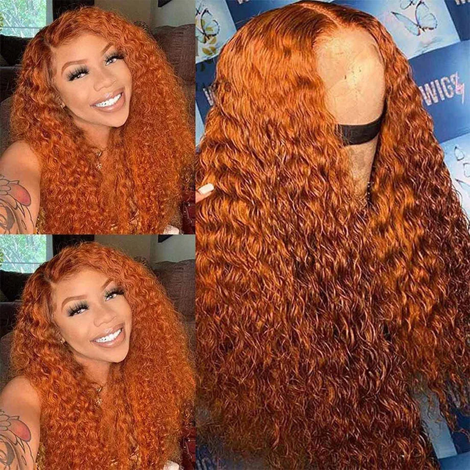 Ginger Orange Deep Wave Loose Curly Human Hair Orange Brazilian Wig 180% 200% Density Lace Front Wig