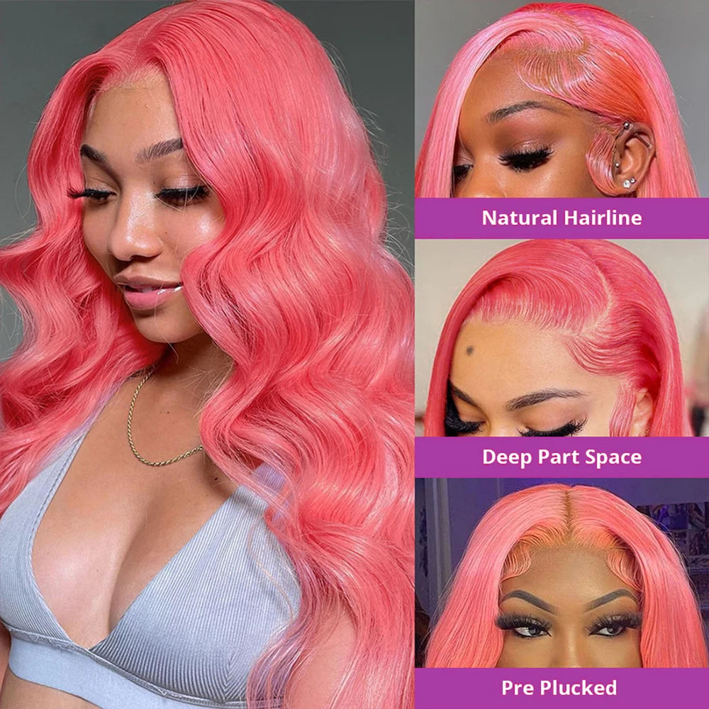 Bubble Gum Pink Bright Body Wave Pre Plucked Natural Hairline Human Hair Lace Front Wig