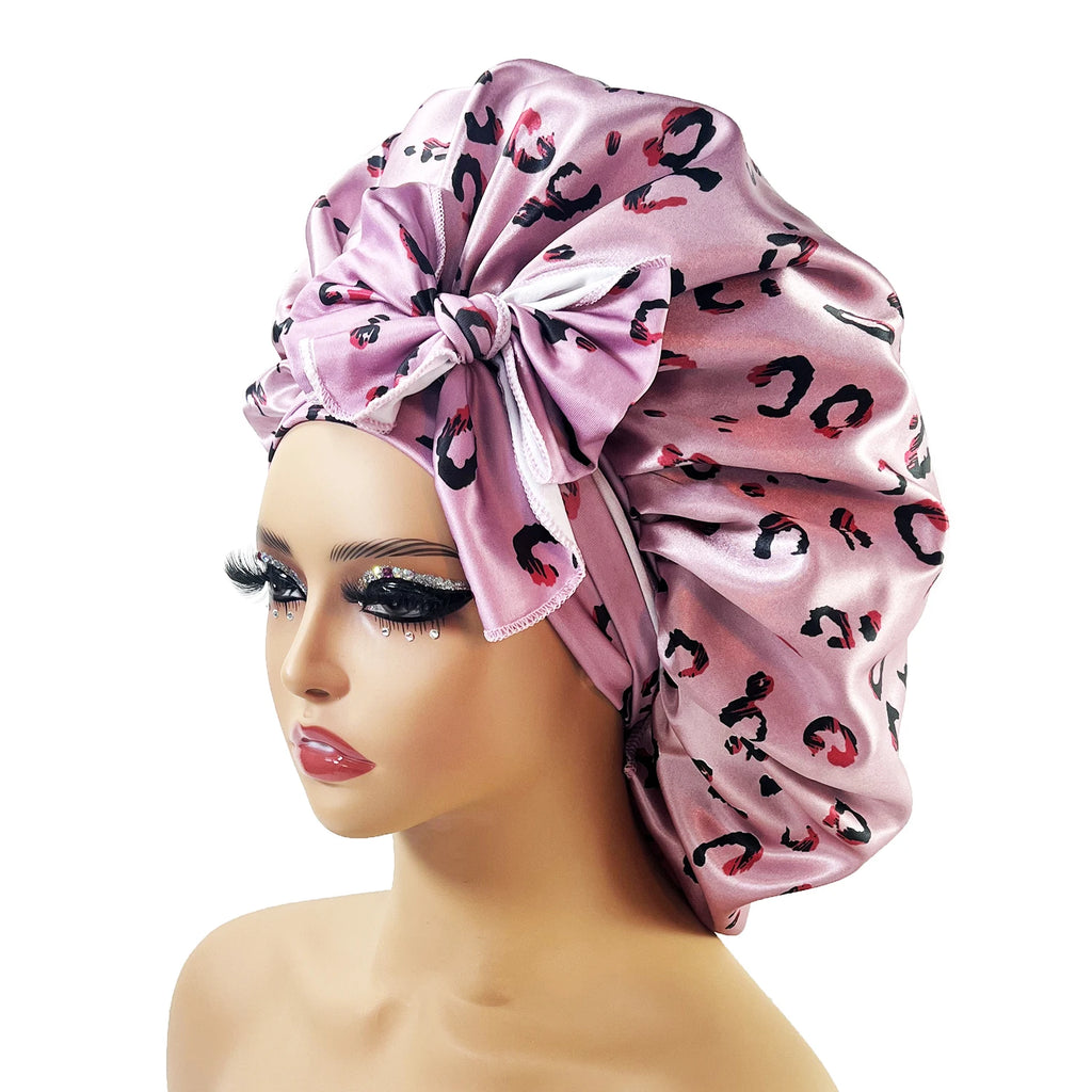 Large Satin Cheetah Print Silk Bonnet Sleep Night Cap Long Tie Wrap