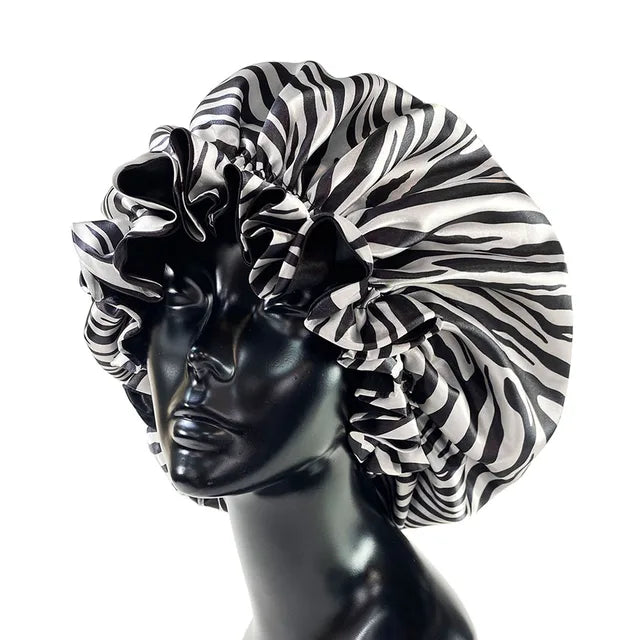 Womens Satin Ruffle Pattern Natural Hair Sleeping Night Cap Double Layer Bonnet