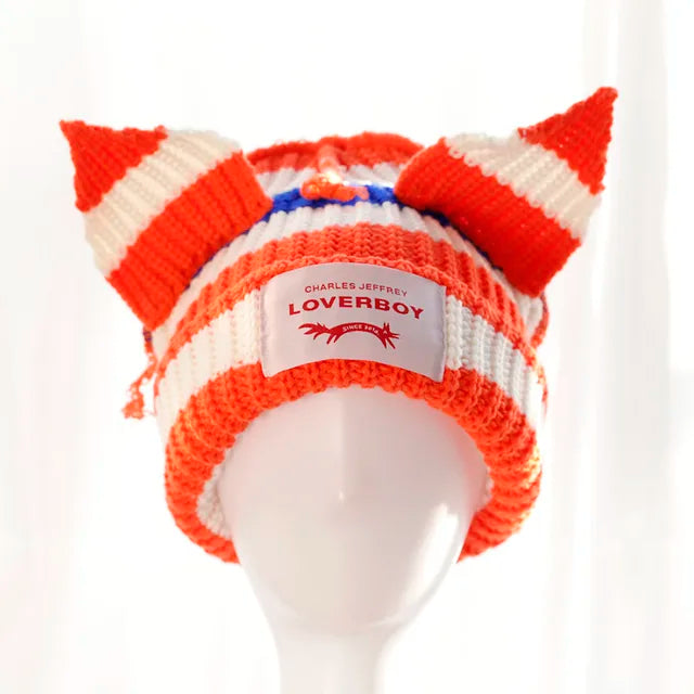 Lover Cat Ear Knitted Beanie Hat Y2K Skull Trending Bunny Ears Kpop Warm Fashion Cap