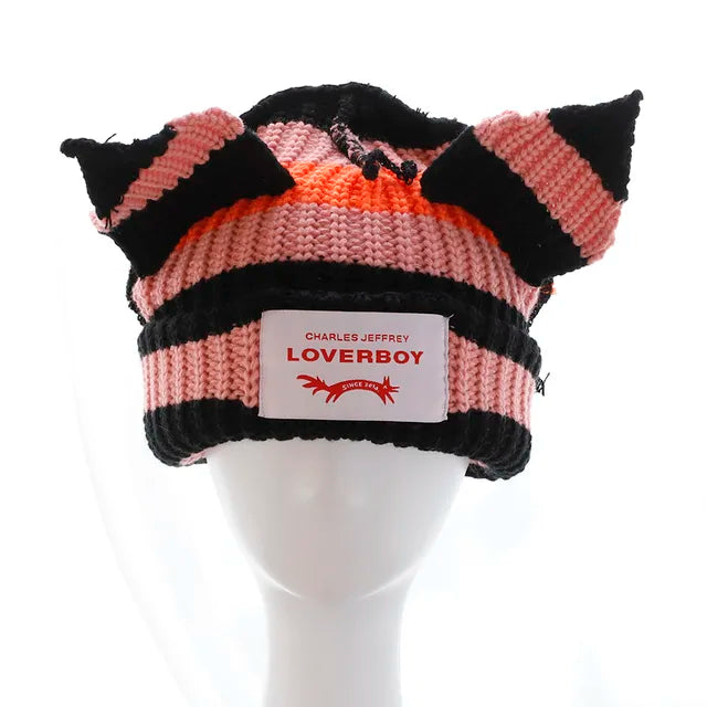 Lover Cat Ear Knitted Beanie Hat Y2K Skull Trending Bunny Ears Kpop Warm Fashion Cap