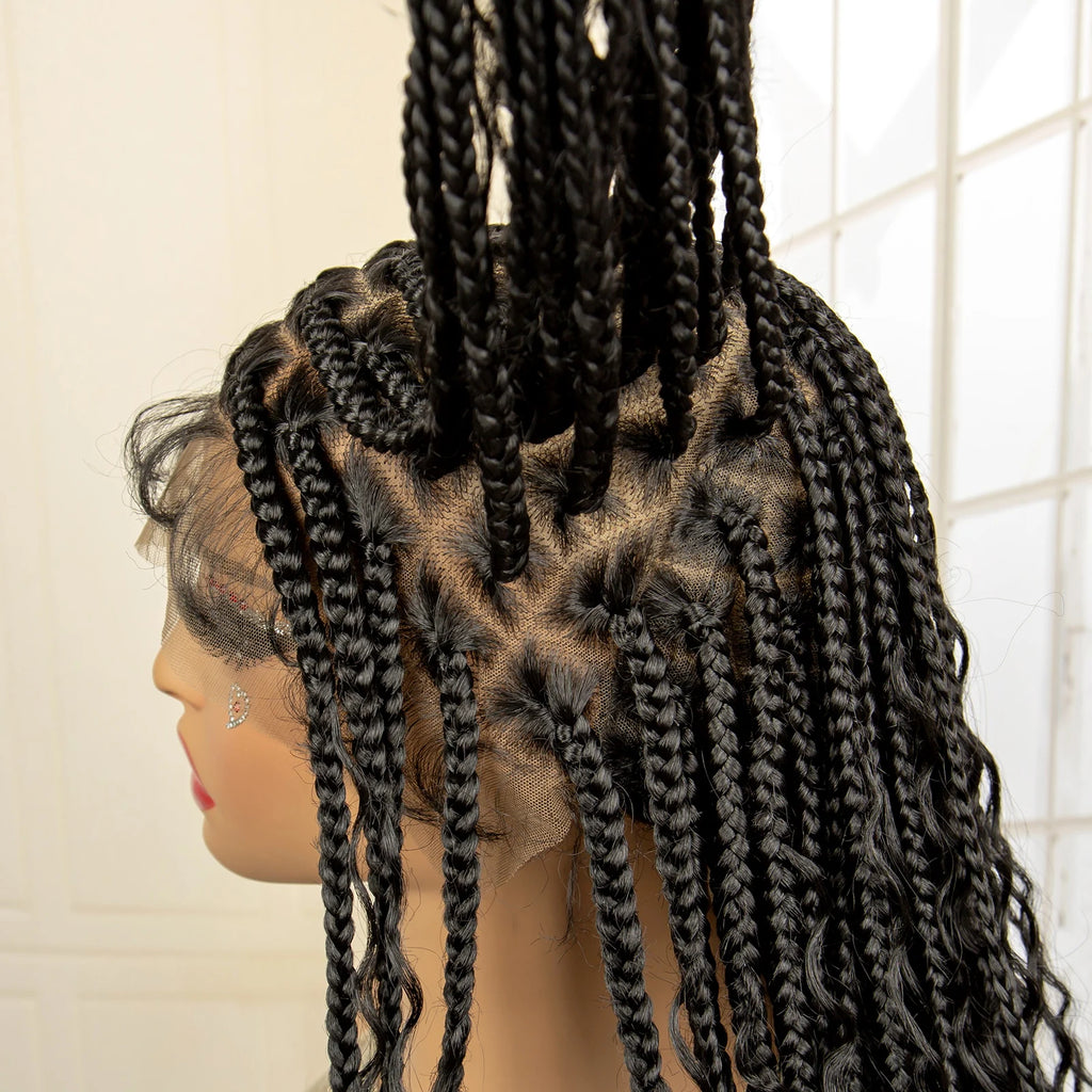 36 inch Synthetic Braided Boho Lace Wig Curly Hair Knotless Box Braids Hairstyle