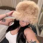Faux Plush Y2K Luxury Fluffy Fur Bucket Hat Rabbit Fur Warm Panama Fishermans Winter Headwear