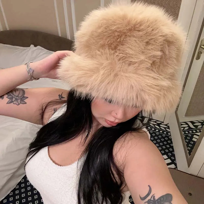 Faux Plush Y2K Luxury Fluffy Fur Bucket Hat Rabbit Fur Warm Panama Fishermans Winter Headwear