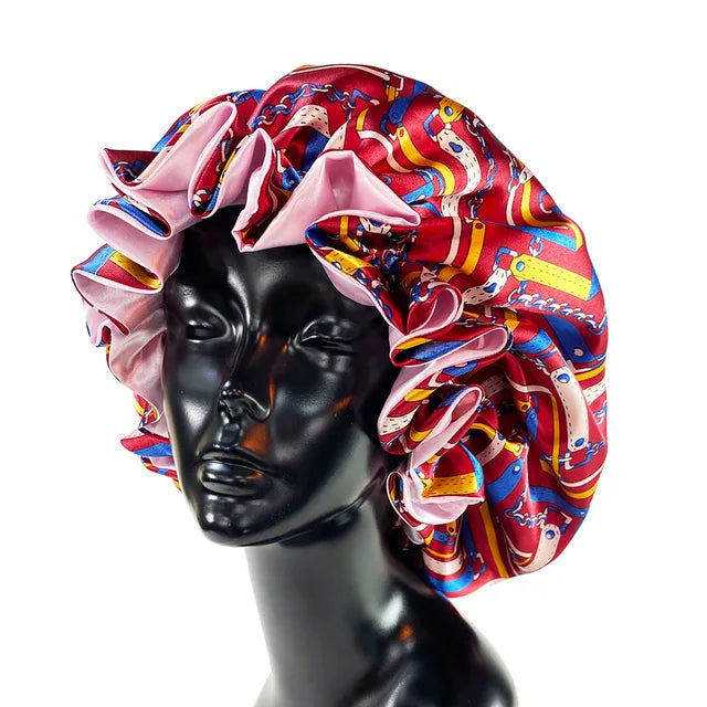 Womens Satin Ruffle Pattern Natural Hair Sleeping Night Cap Double Layer Bonnet
