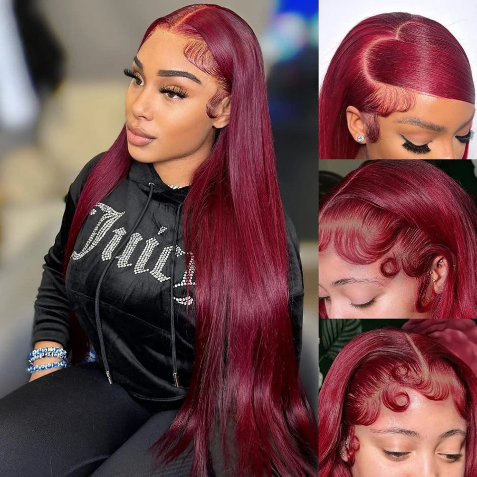 Burgundy 99j Colored Straight HD Transparent Human Hair 180% 200% Density Wig