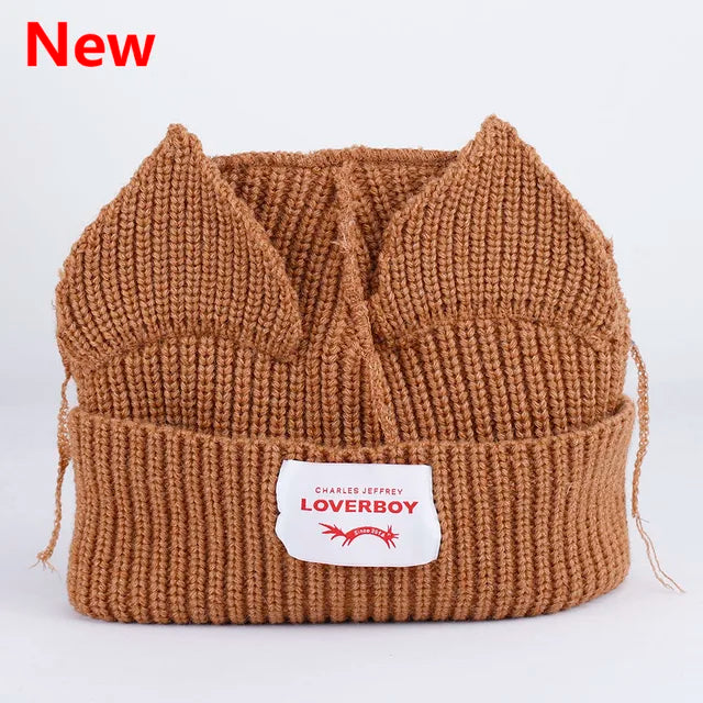 Lover Cat Ear Knitted Beanie Hat Y2K Skull Trending Bunny Ears Kpop Warm Fashion Cap