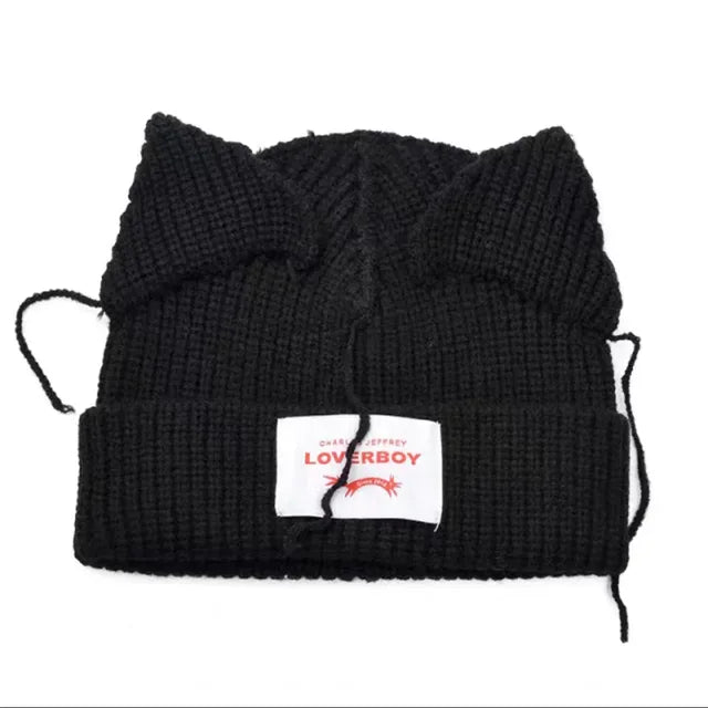 Lover Cat Ear Knitted Beanie Hat Y2K Skull Trending Bunny Ears Kpop Warm Fashion Cap