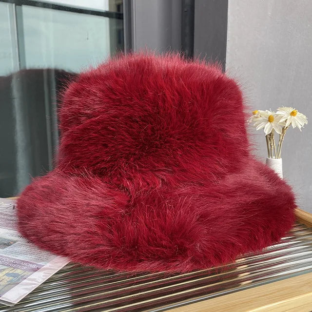 Faux Plush Y2K Luxury Fluffy Fur Bucket Hat Rabbit Fur Warm Panama Fishermans Winter Headwear