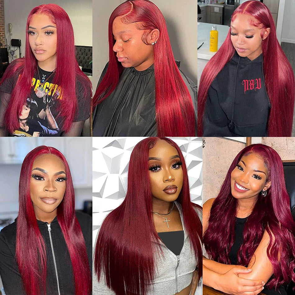 Burgundy 99j Colored Straight HD Transparent Human Hair 180% 200% Density Wig