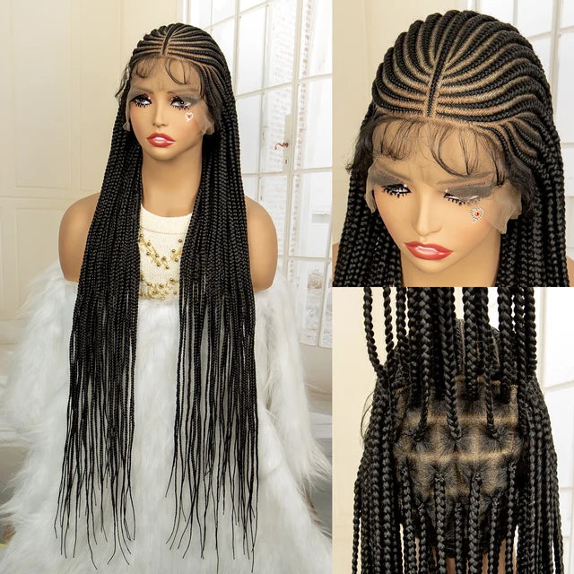 36 Inch Full Lace Fulani Box Braid Synthetic Lace Front Pre Styled Braided Wig